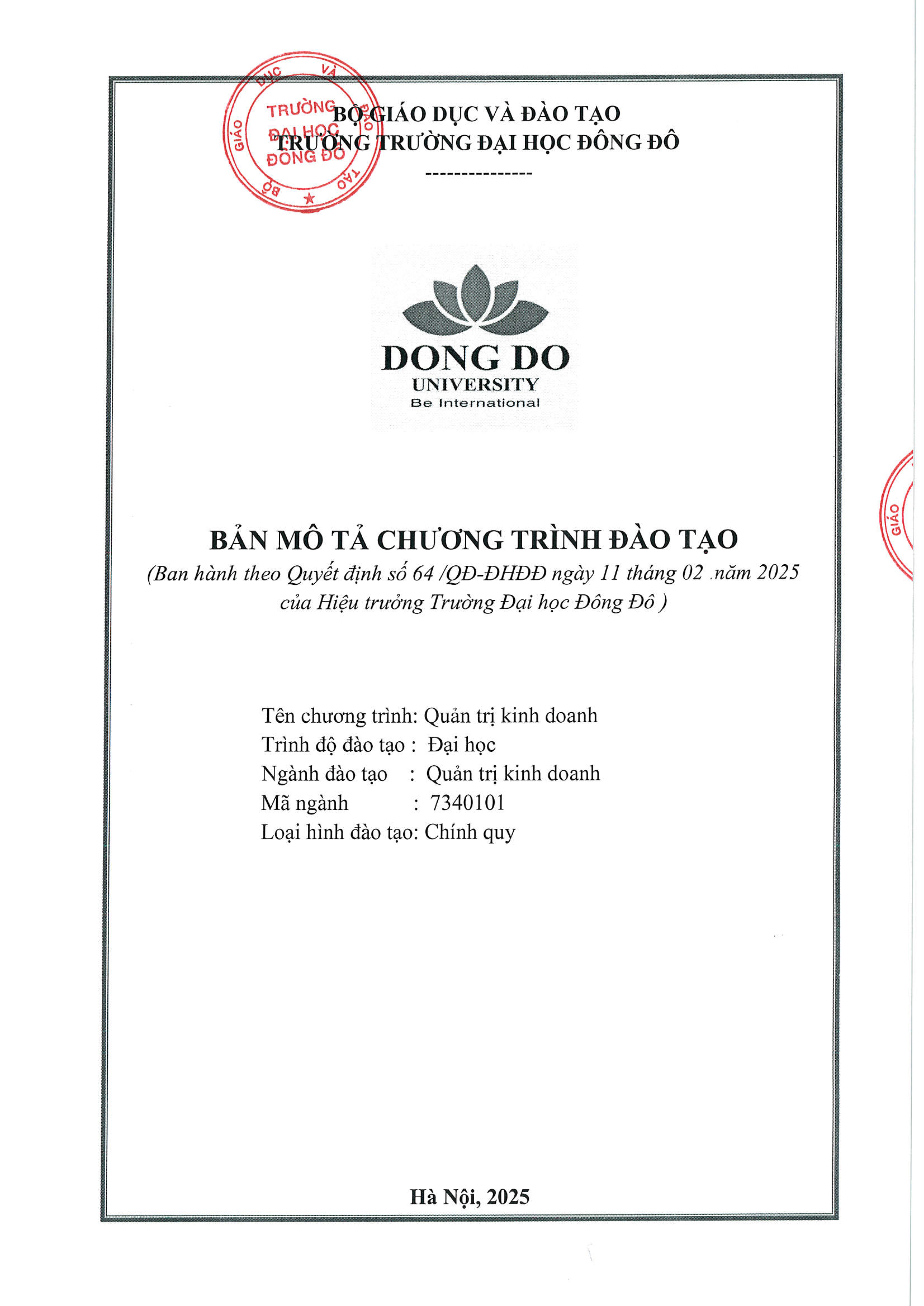 Bản mô tả chương trình đào tạo ngành Quản trị kinh doanh